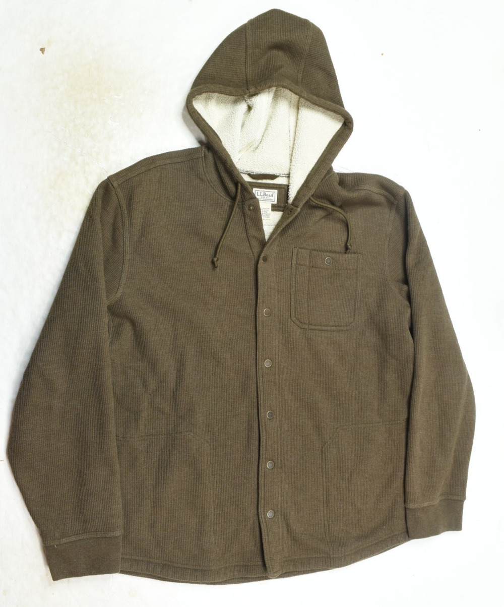 LL Bean Sherpa Lined Waffle Knit Hoodie Mens XL Brown Long Sleeve Snap-Front
